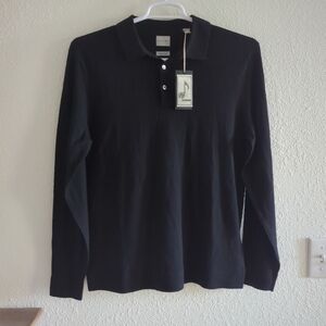 Stitch Note Black Merino Wool Polo Sweater Quiet Luxury Medium New $195